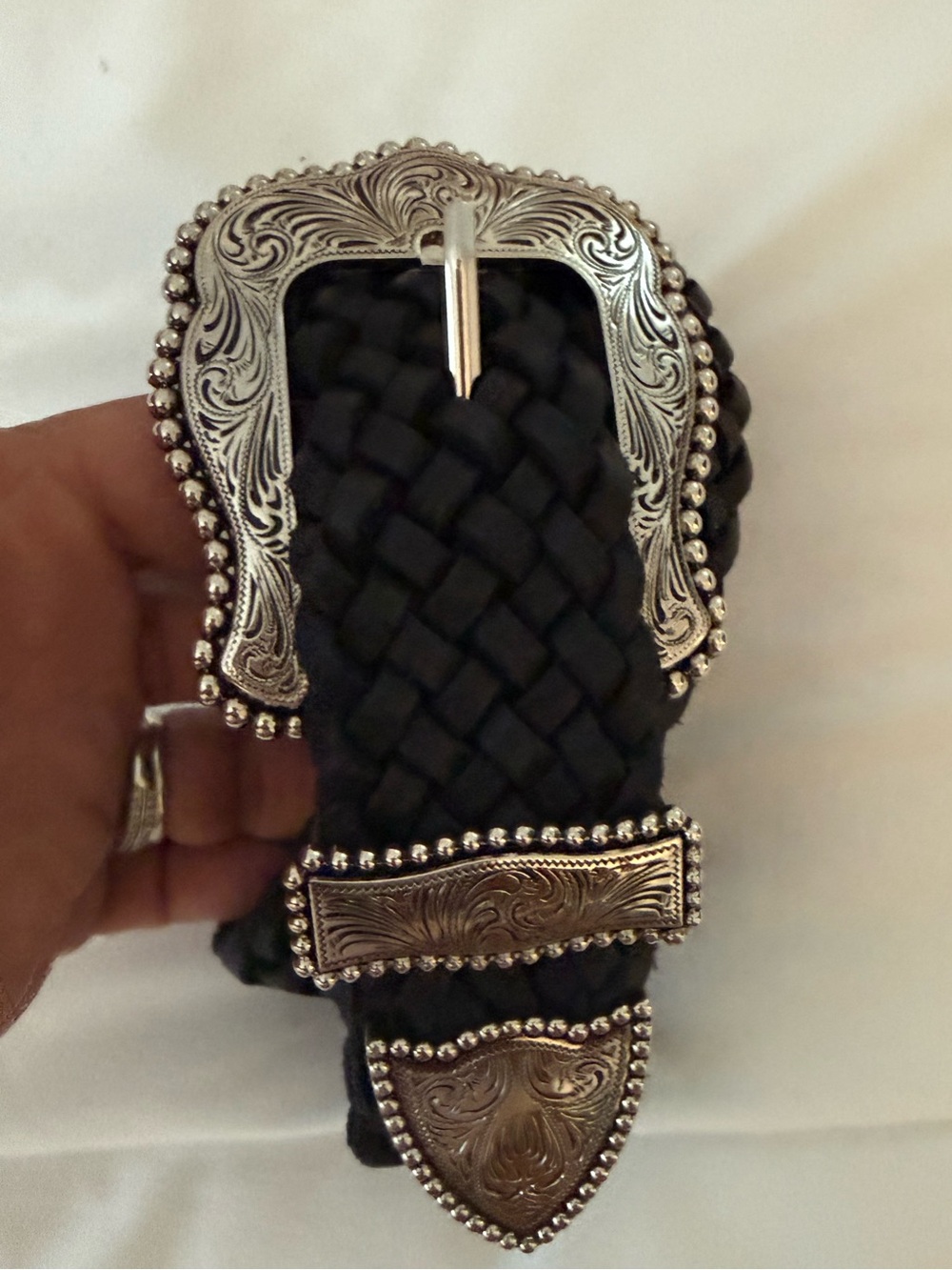 B-Low the Belt Black Braided Leather Western Belt Engraved Silver Buckle S/M - Picture 2 of 7